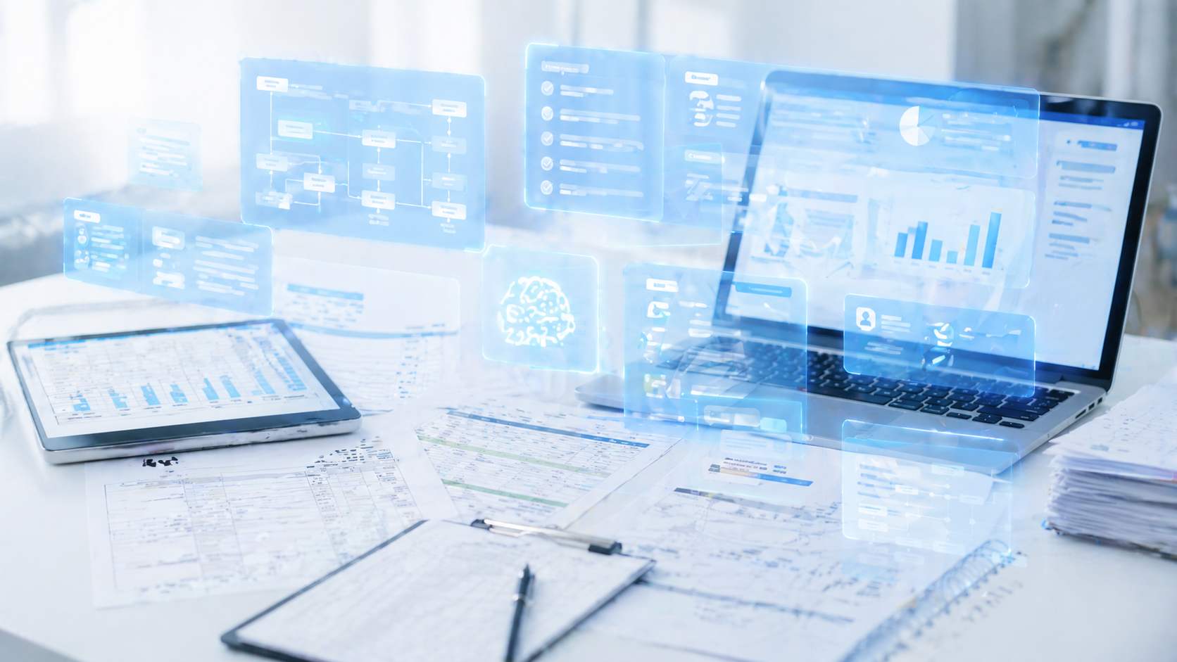 紙の帳票やExcelをAI診断UIで整理しているイメージ