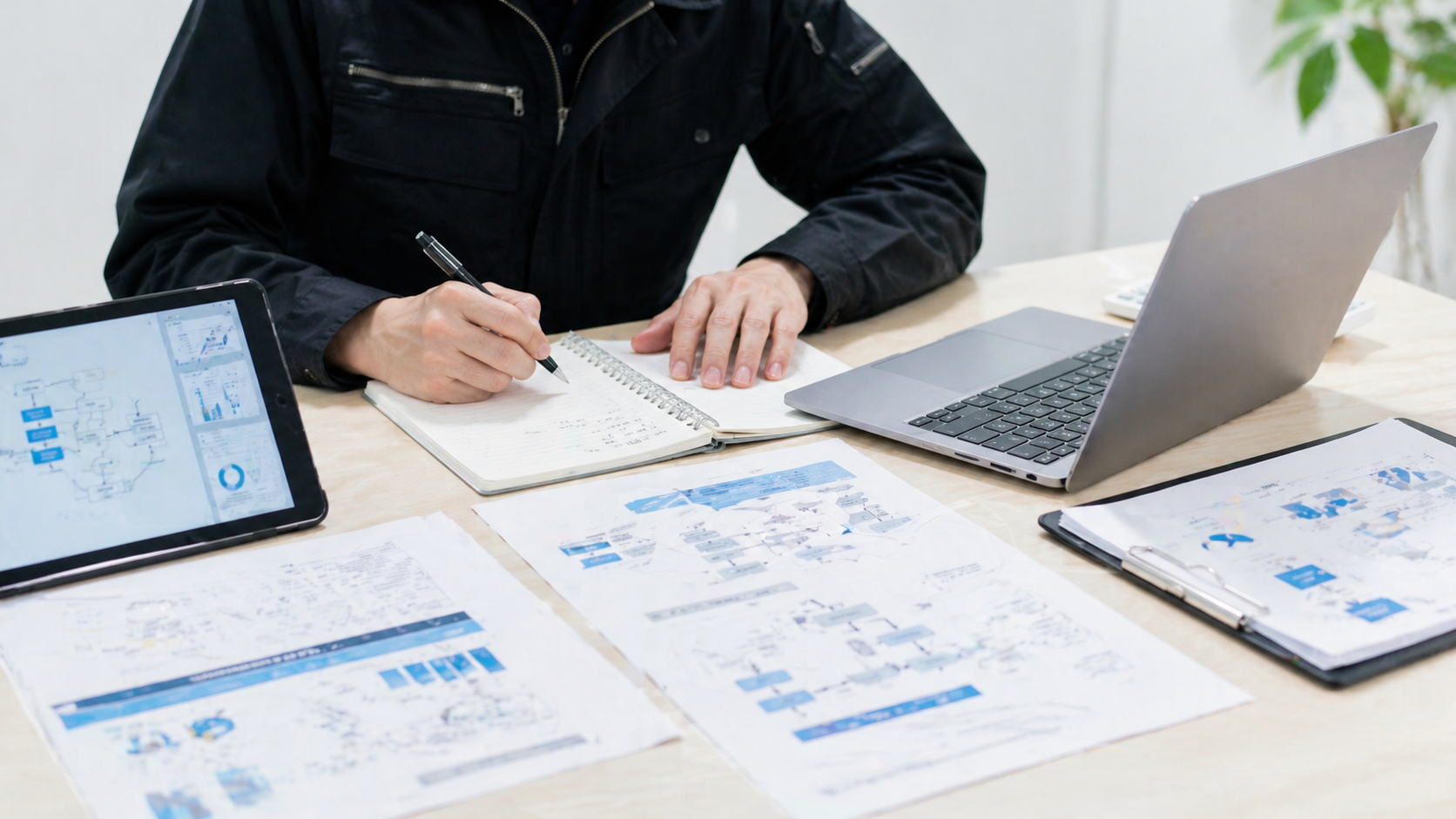 現場訪問後に業務フローとAI導入プランを整理している様子