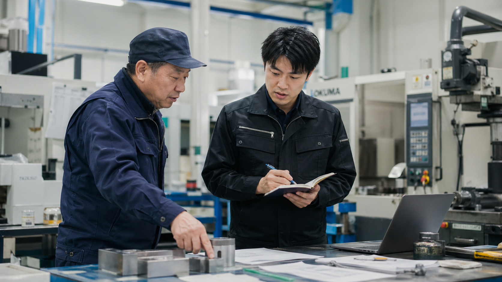 福井の工場で現場担当者に業務を聞きながらAI導入の可能性を整理する様子